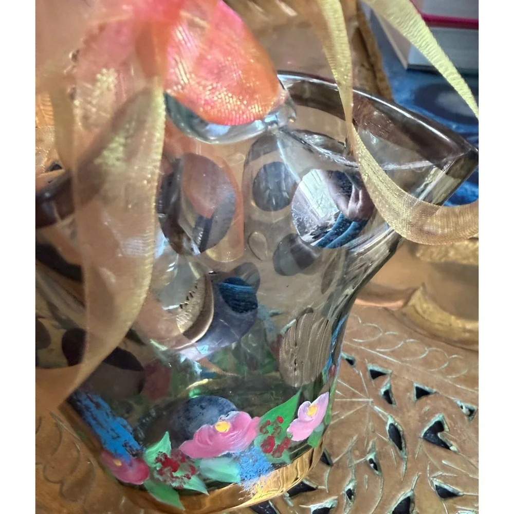 MacKenzie Childs Circus Collection Glass Basket Handpainted Ruffled Floral Bow